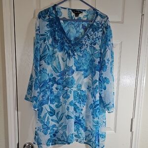 Double Decker Lightweight Beaded Sequins Blue Floral Embellished Tunic Large